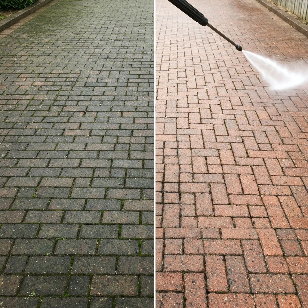 Block paving driveway half pressure washed, showing dirty grey paving next to clean red brick